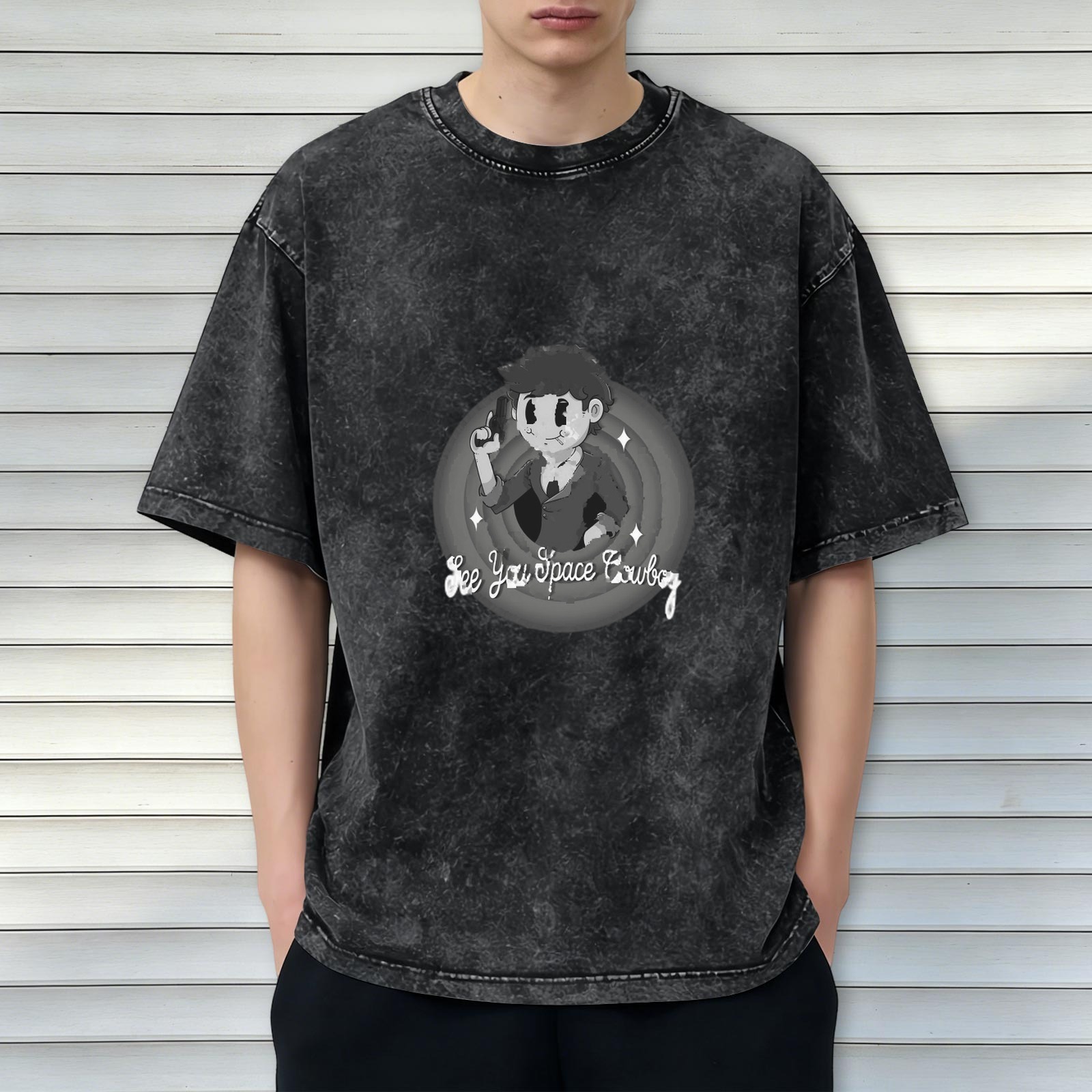 See You Space Cowboy Anime Graphic Washed Black T-Shirt