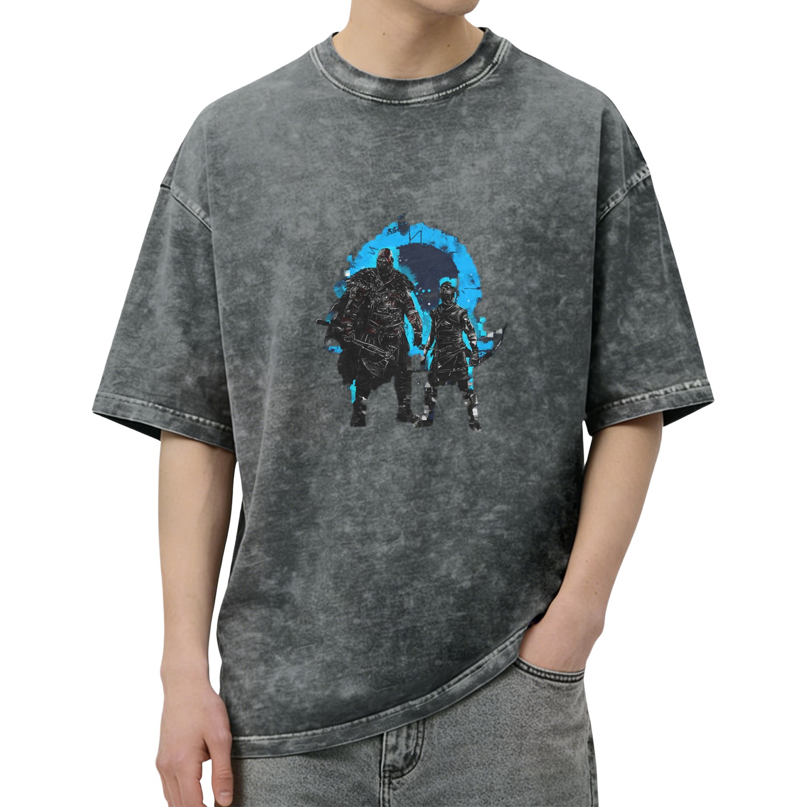 Washed Black Graphic T-Shirt with Fantasy Warrior Characters