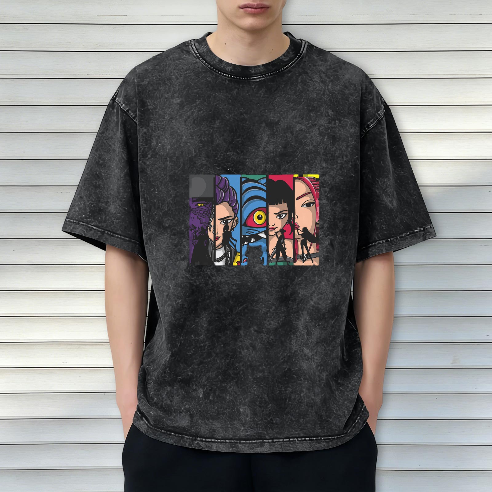 Oversized Acid Wash T-Shirt With Comic Style Character Art Print