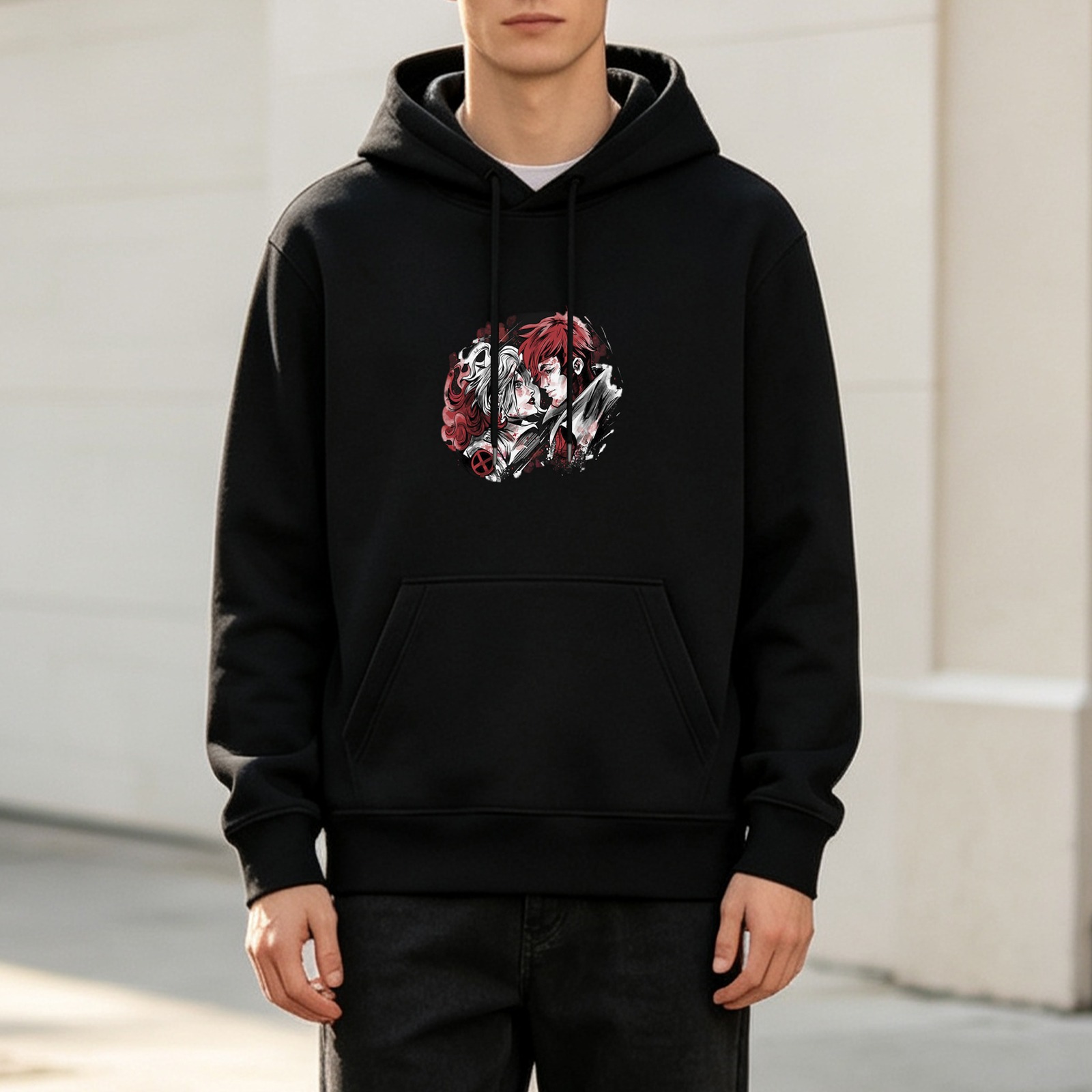 Black hoodie with anime-style two character graphic print