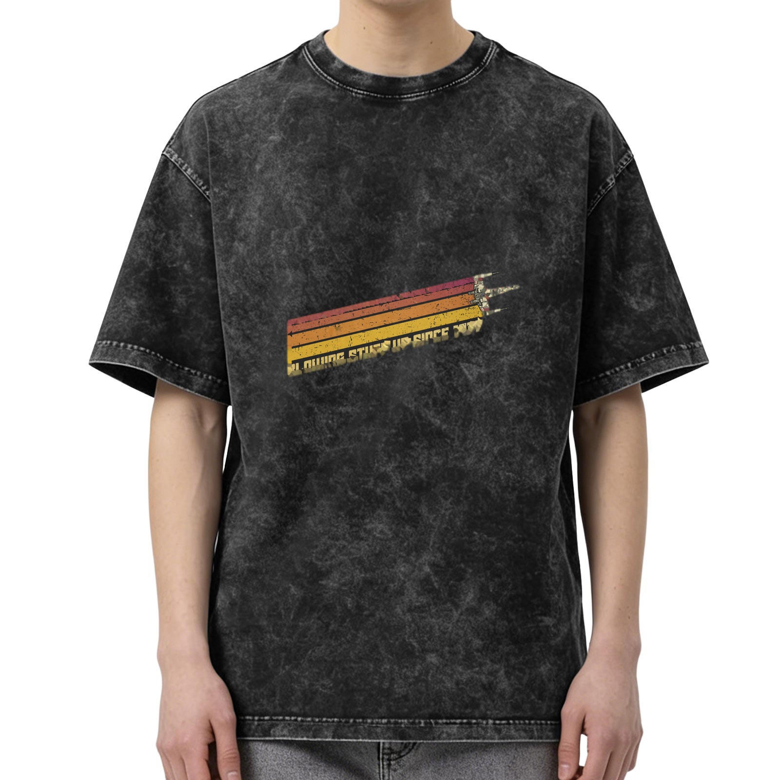 Distressed washed black retro striped pattern short-sleeved T-shirt