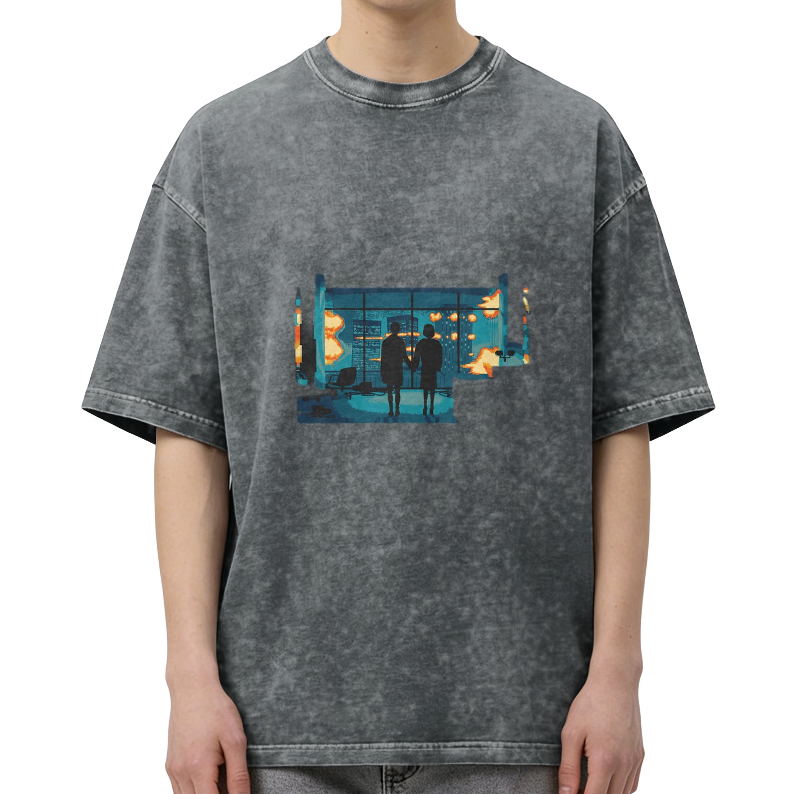 Distressed washed black short-sleeved T-shirt with pixel style explosion scene pattern of people holding hands printed on the back, loose fit
