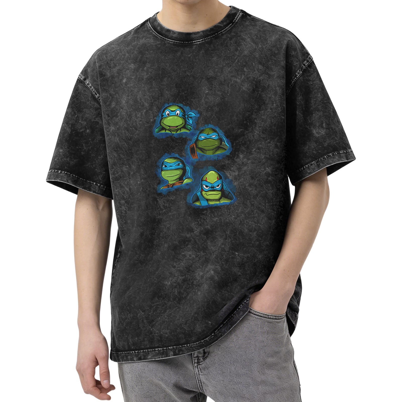 Washed Black T-Shirt With Four Leonardo Ninja Turtle Portraits