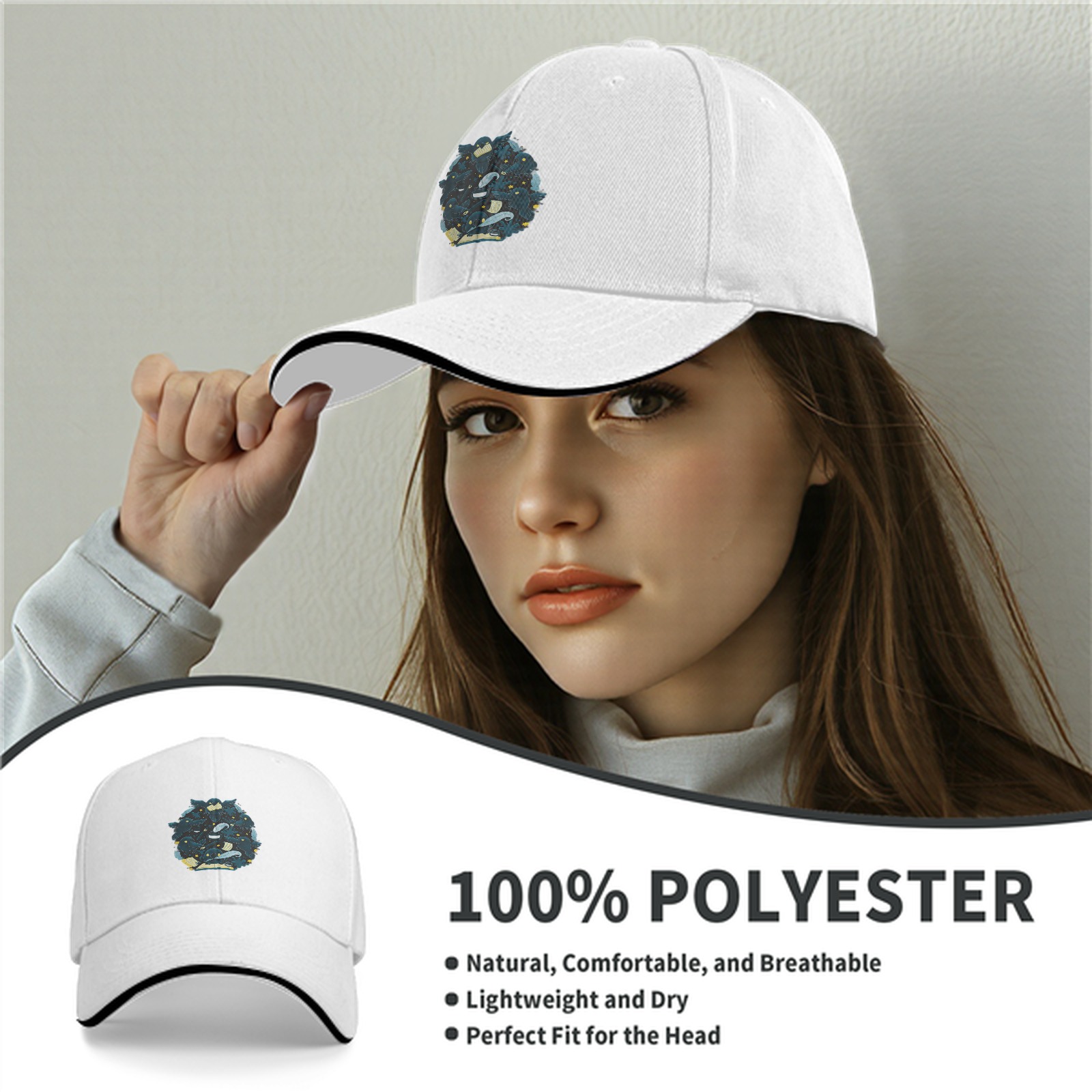 Black baseball cap with whimsical dark creature cluster graphic