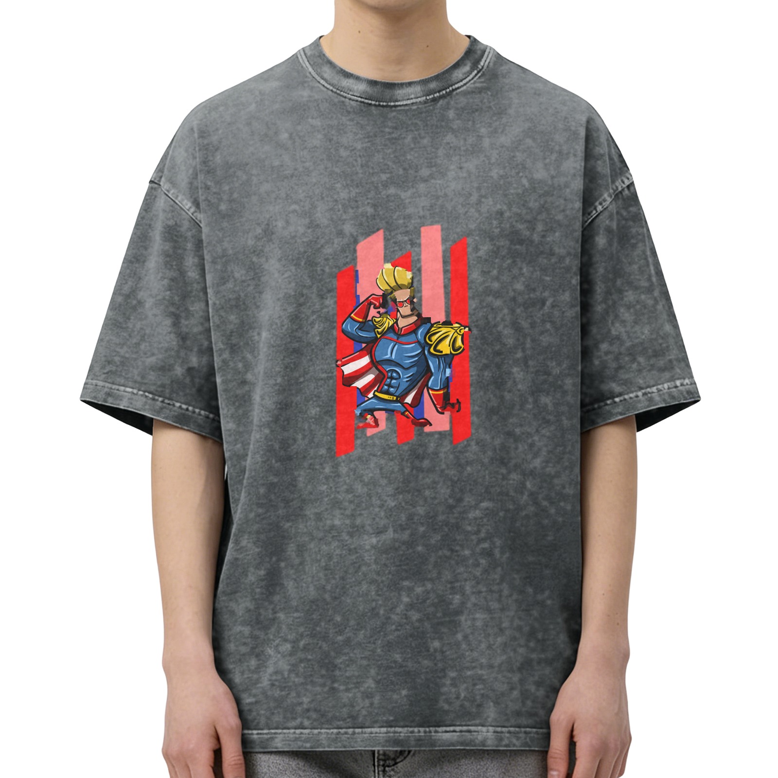 Oversized Acid Wash T-Shirt With Cartoon Superhero Graphic
