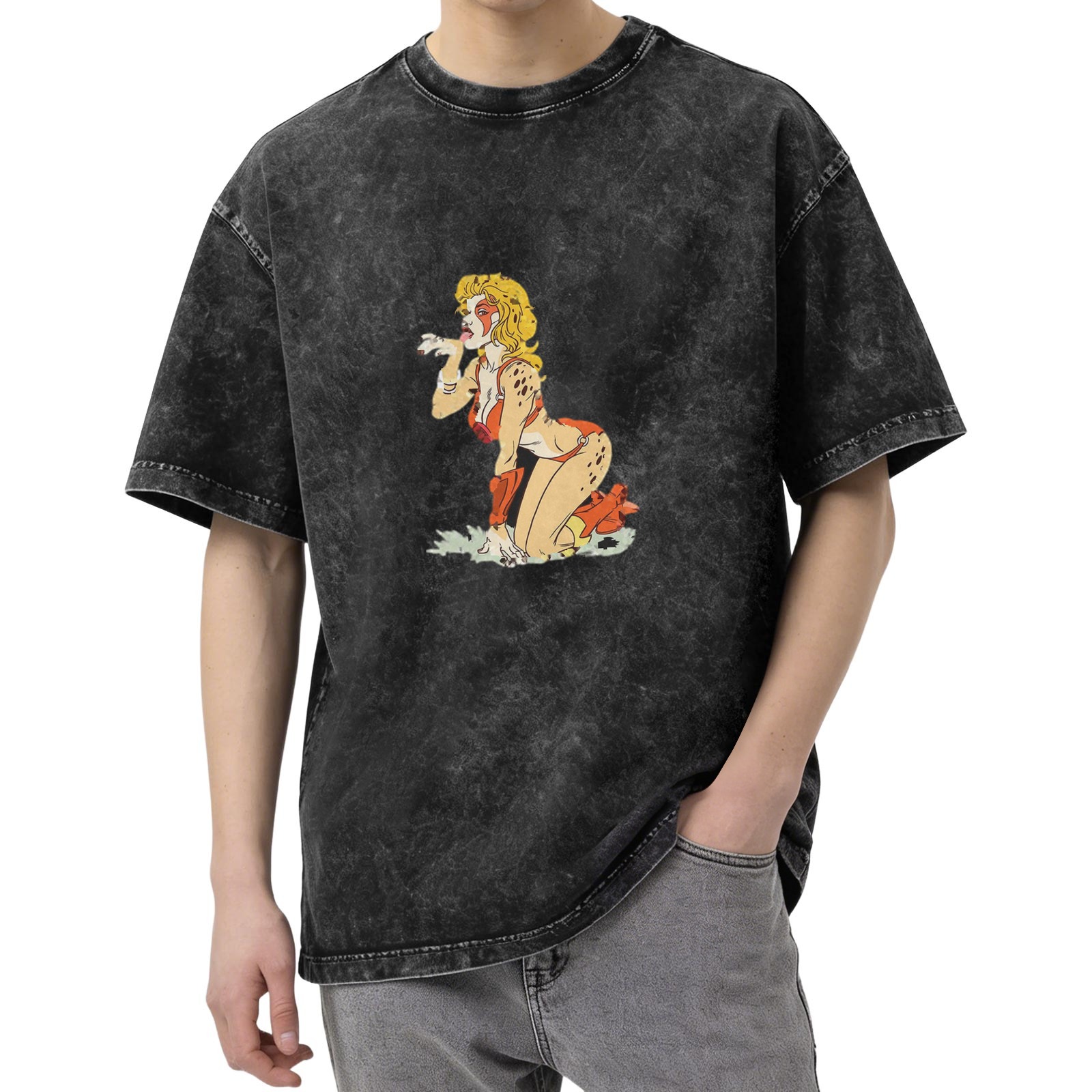 oversized acid wash t-shirt with retro cheetah girl graphic print