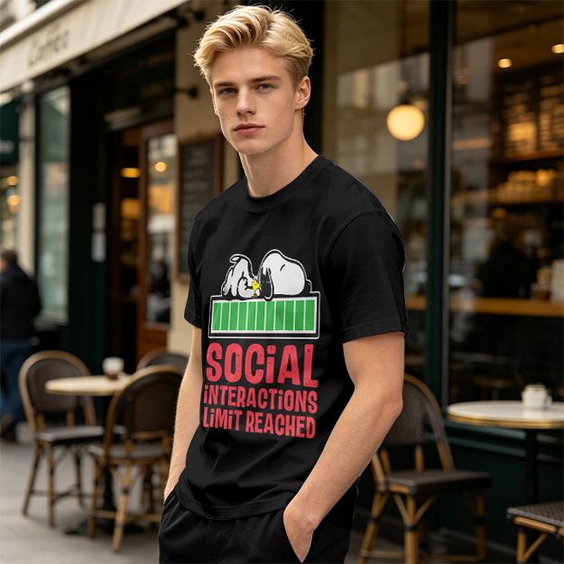 Olive t-shirt with Snoopy 'Social Interactions Limit Reached' print
