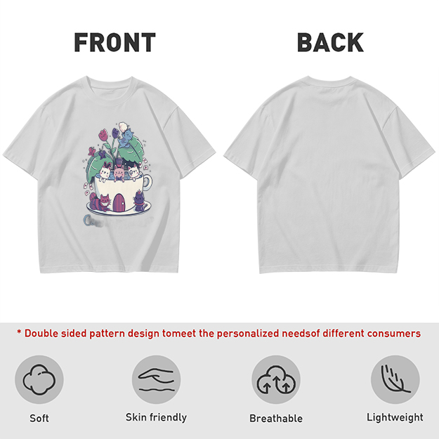 Olive T-Shirt With Whimsical Teacup Kitten Garden Print