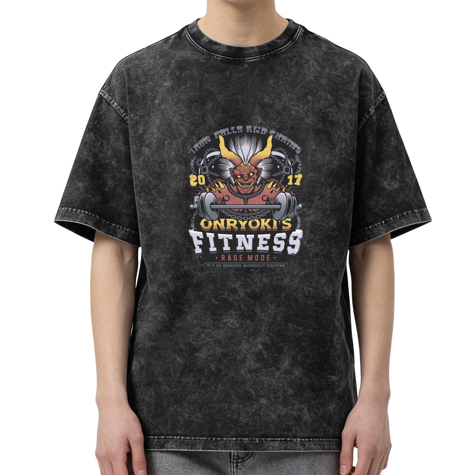 Oversized Acid Wash T-Shirt With Onryoki's Fitness Demon Print