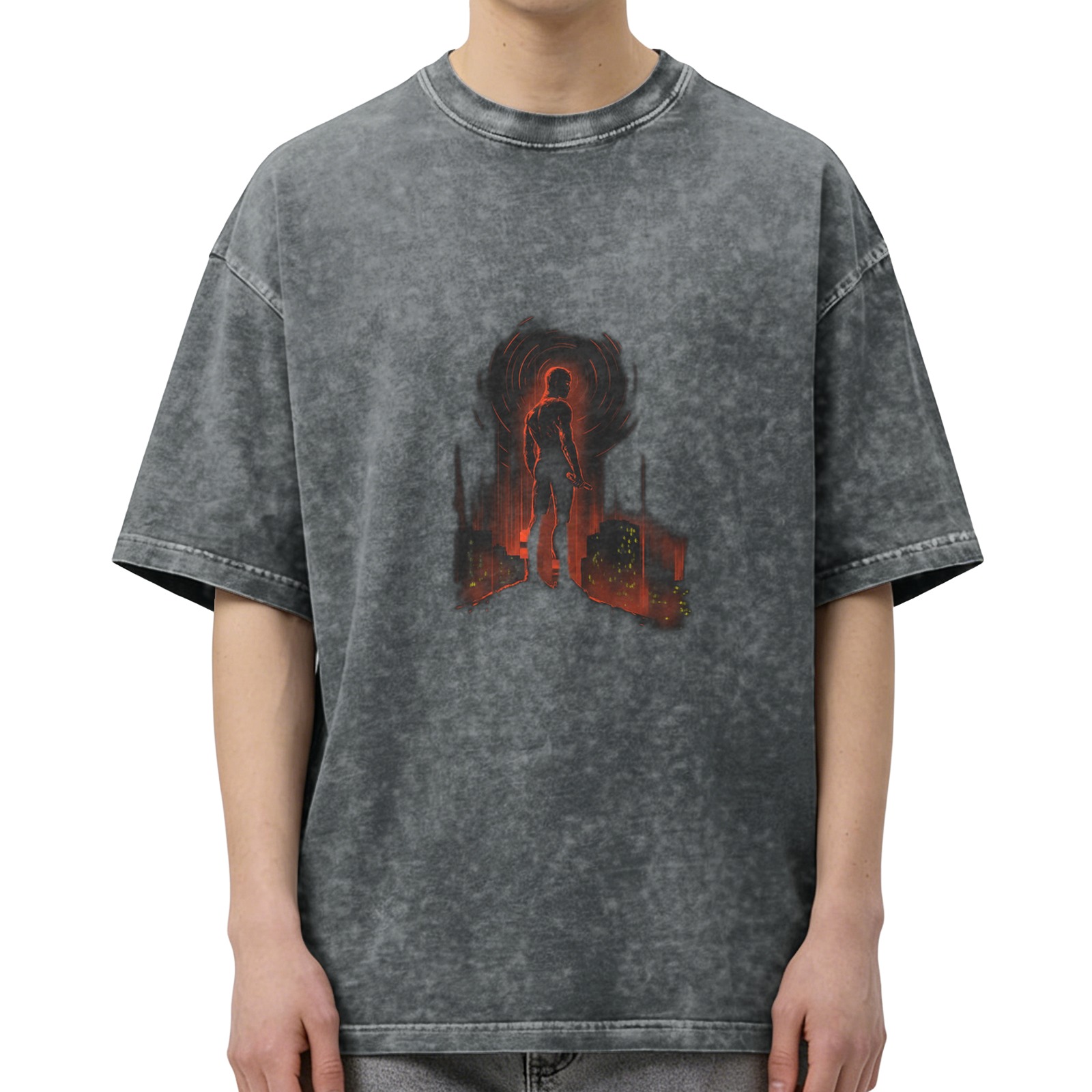 Oversized acid wash t-shirt with glowing red silhouette figure print