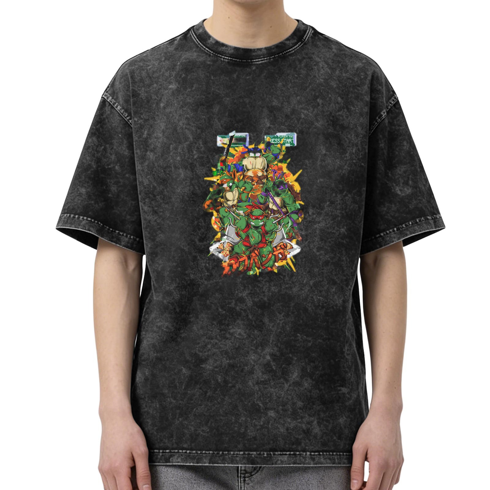Washed Black Oversized T-Shirt with Teenage Mutant Ninja Turtles Graphic