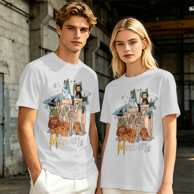 Olive T-Shirt With Whimsical Wizard Cat Castle Graphic