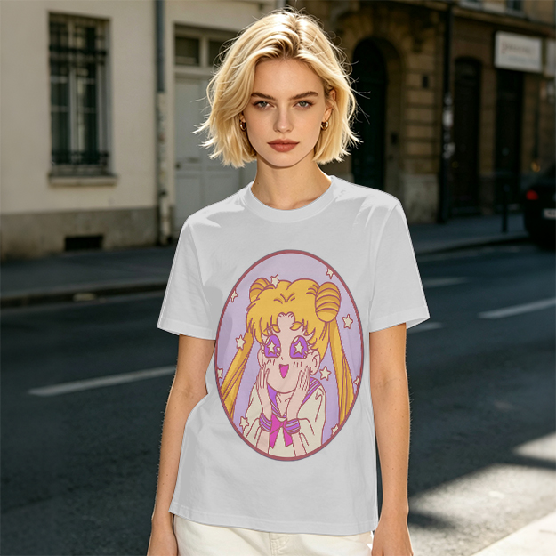 Olive T-shirt with excited anime girl star eyes graphic