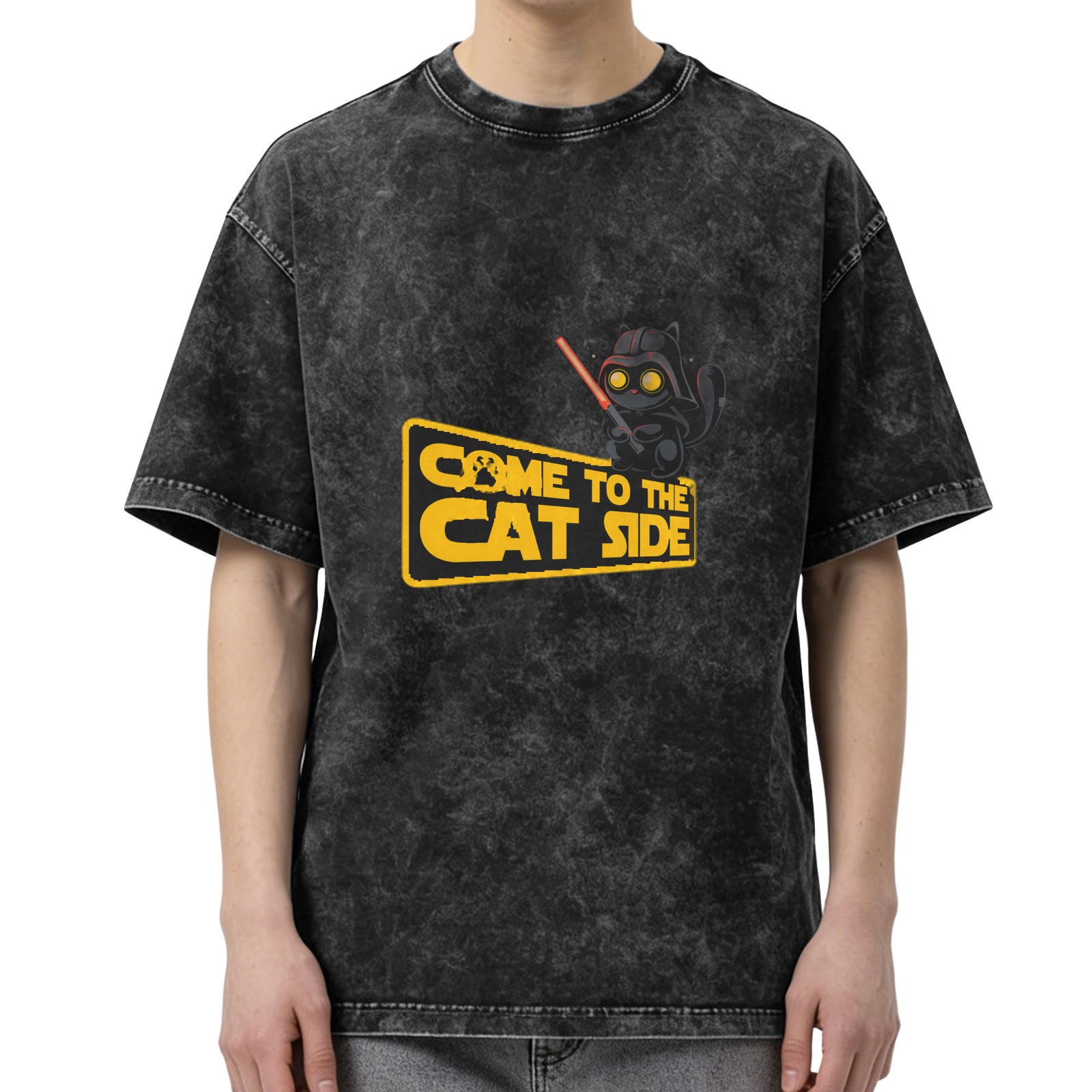 Come to the Cat Side Star Wars Parody Acid Wash Graphic T-Shirt