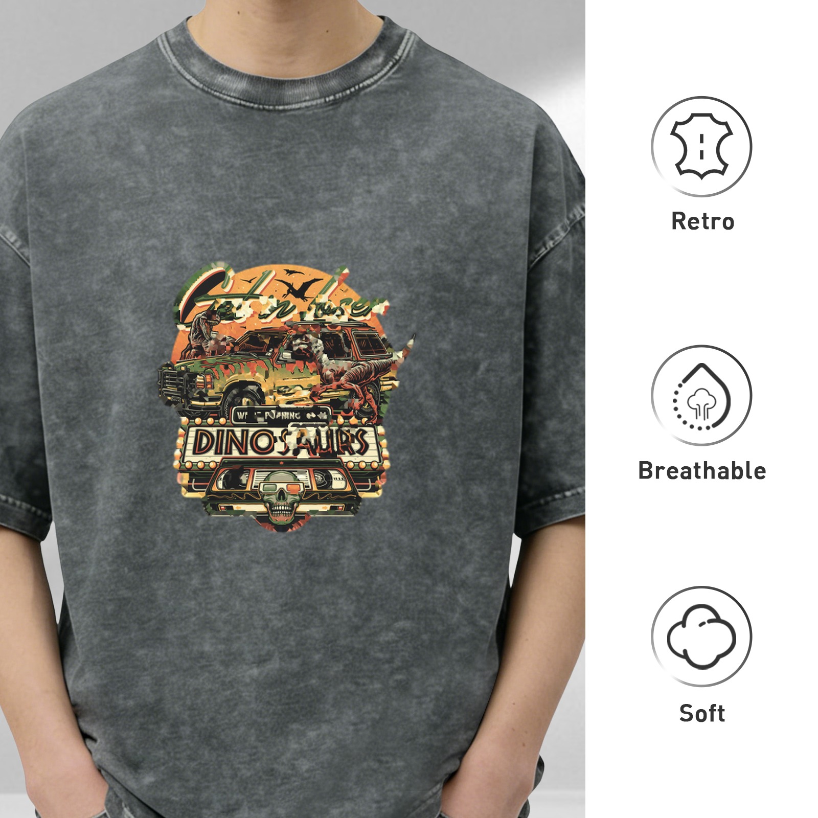 Vintage Washed Black Dinosaur Graphic T-Shirt for Men, Retro Jurassic Themed Short Sleeve Tee