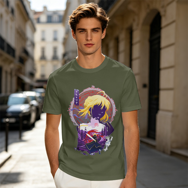 Olive green anime graphic t-shirt with Saber character print