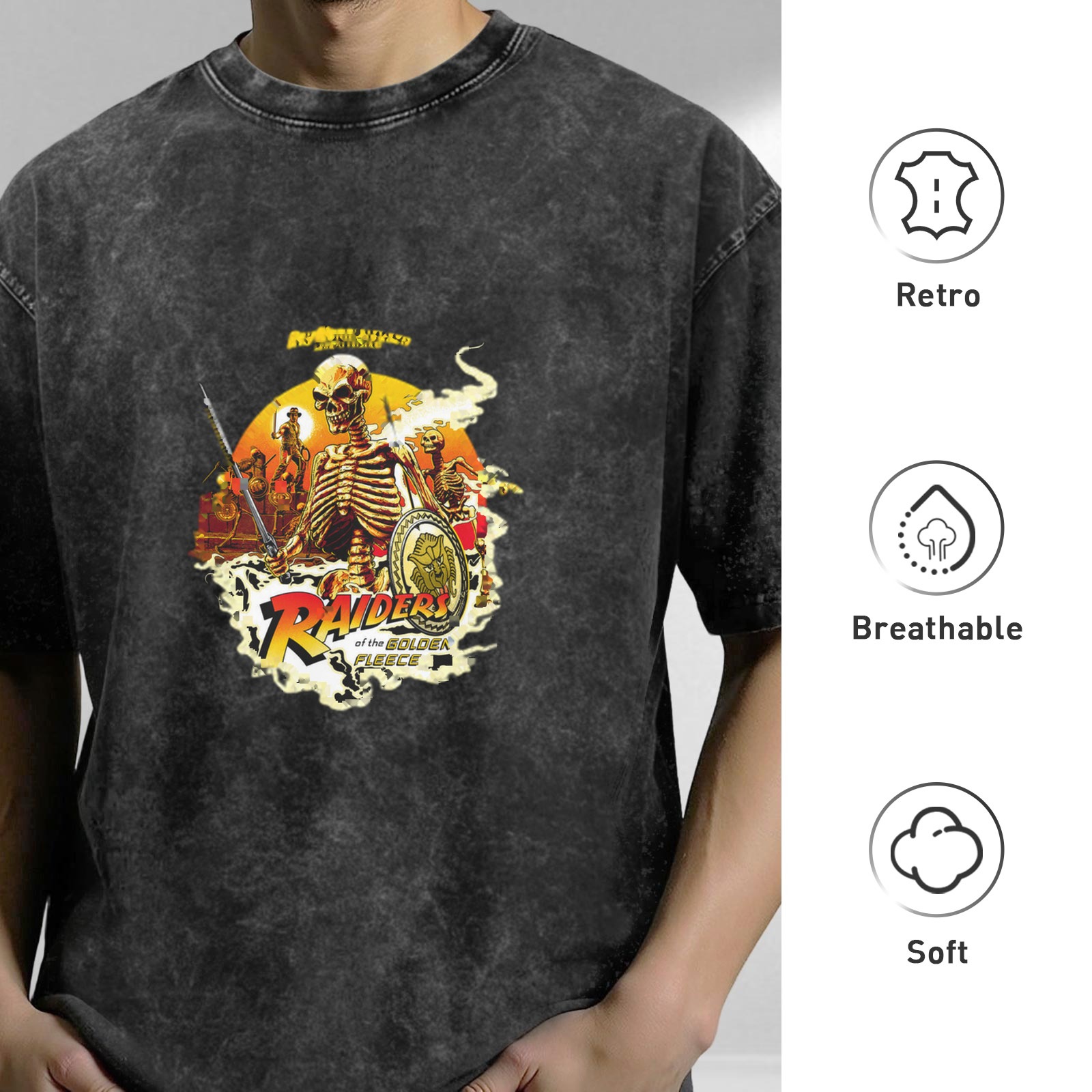 Washed Black Graphic T-Shirt with Raiders of the Golden Fleece Skeleton Print