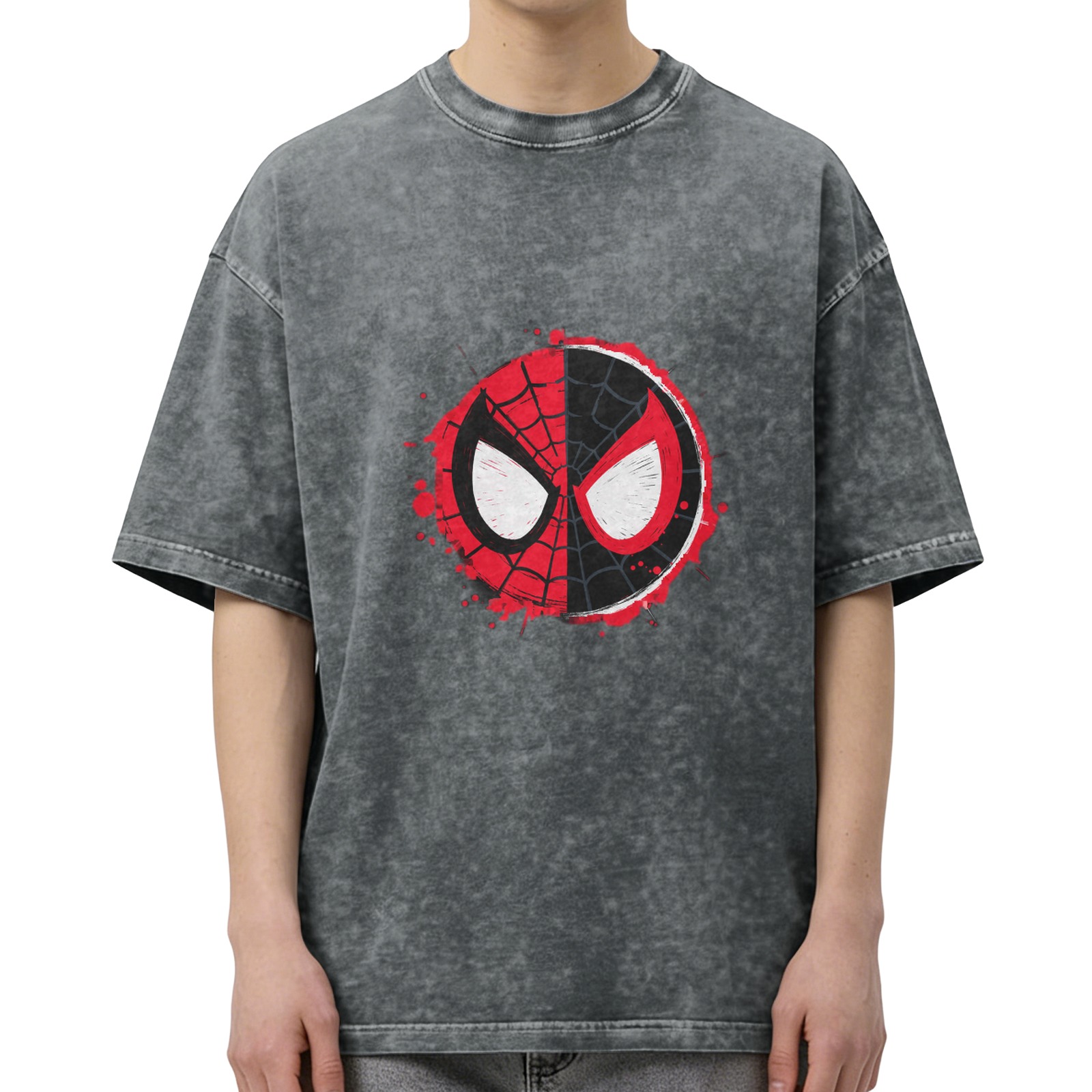 Oversized Spider-Man Split Mask Graphic Acid Wash T-Shirt