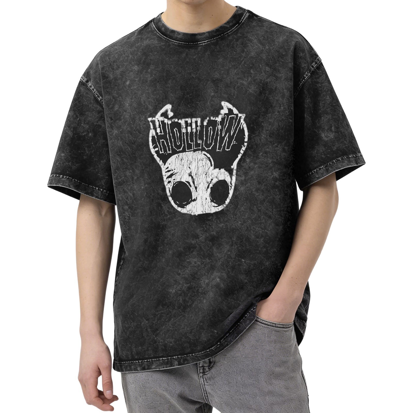 Washed Black T-Shirt With Hollow Skull Graphic Print