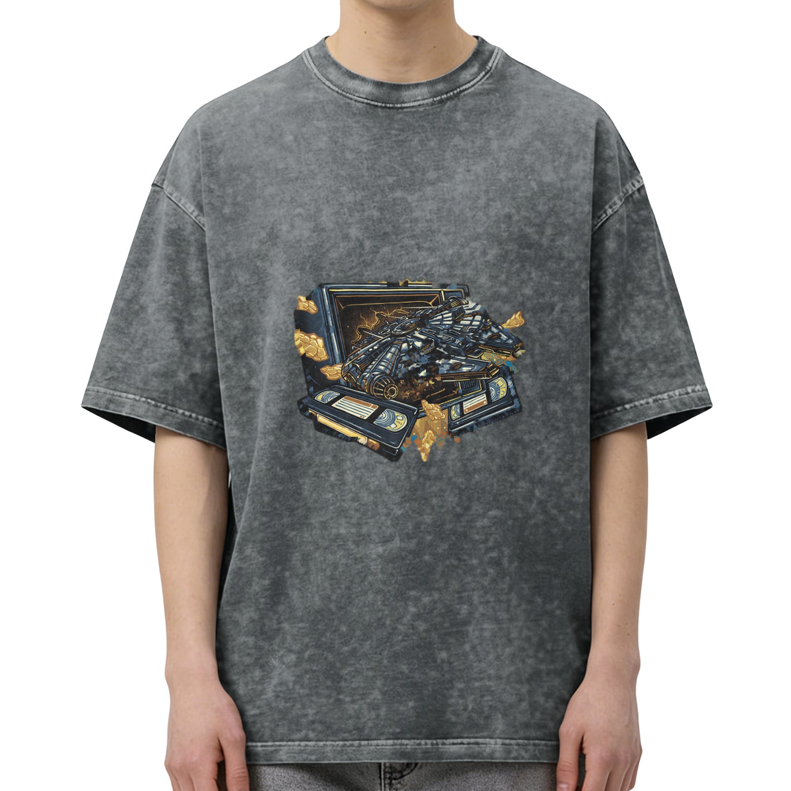 Oversized Acid Wash T-Shirt With Retro Cassette Tape Graphic Print