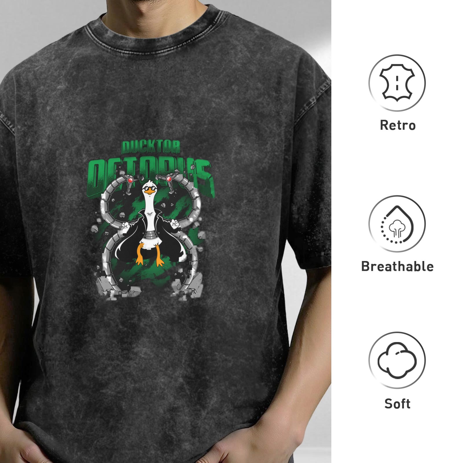 Oversized Dark Wash T-Shirt With Ducktor Octopus Graphic