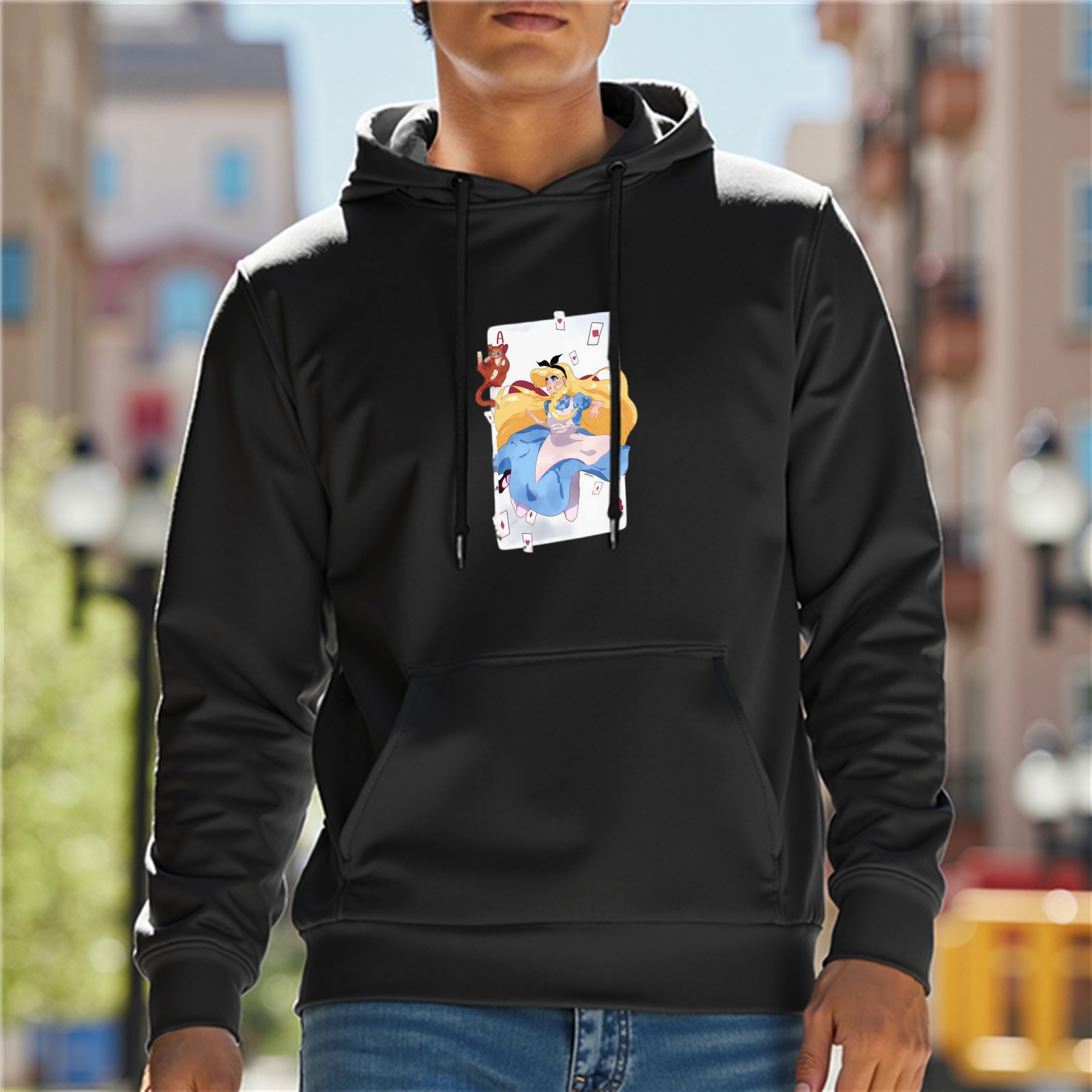Black hoodie with Alice in Wonderland playing card graphic