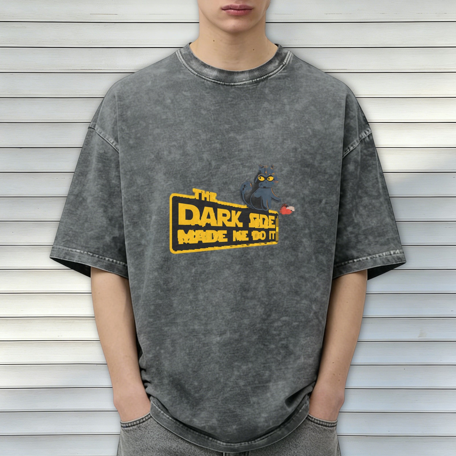 Oversized Acid-Wash T-Shirt with 'The Dark Side Made Me Do It' Cat Graphic Print