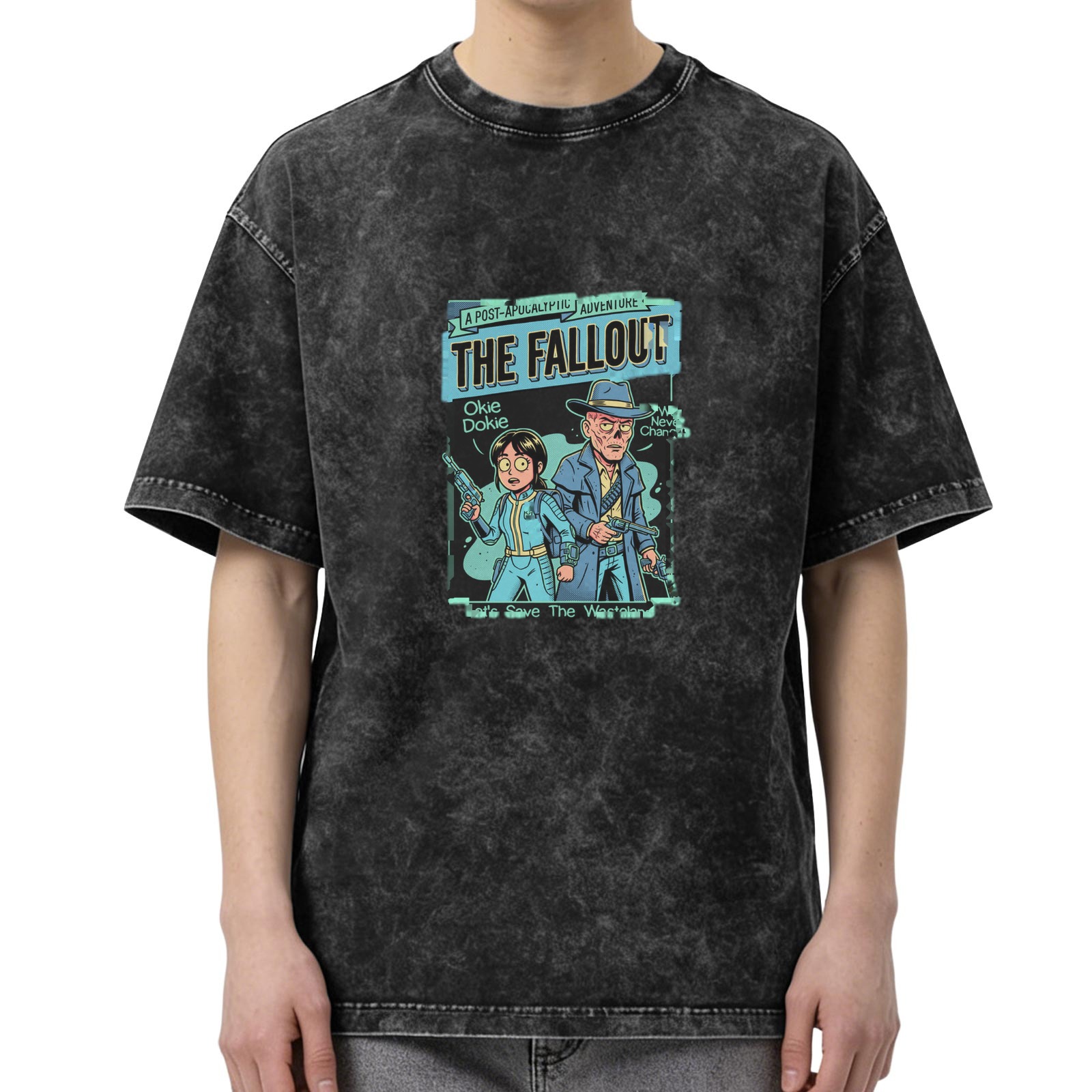 Washed Black Fallout Themed Graphic T-Shirt with Vault Dweller and Ghoul Art