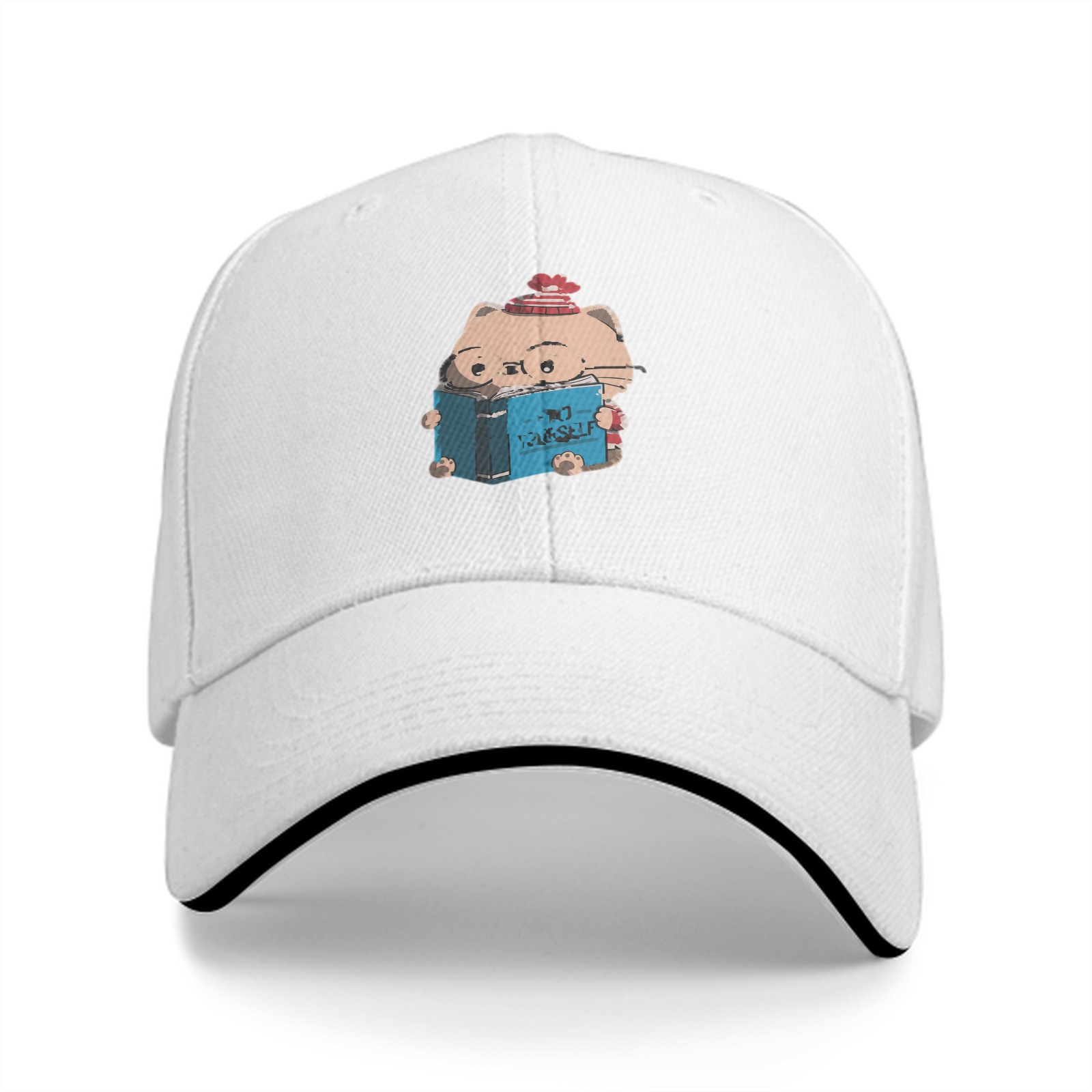 Black Baseball Cap With Cute Reading Cat Graphic