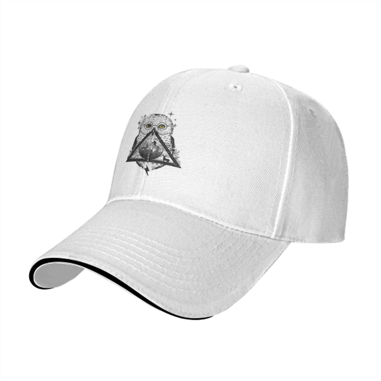 Black baseball cap with owl and deathly hallows graphic