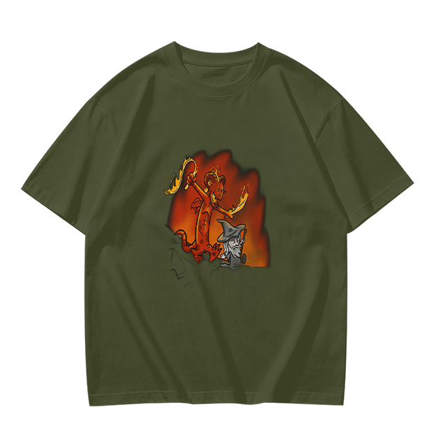 Olive T-shirt with Cartoon Demon and Wizard Fantasy Print