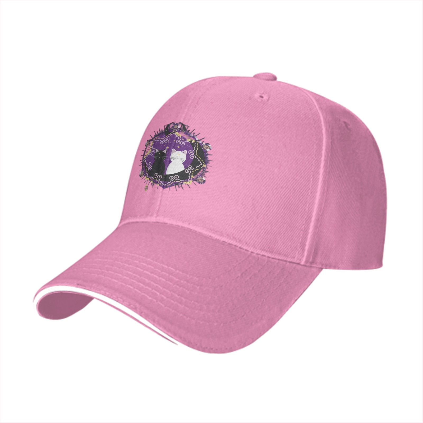 Black baseball cap with purple star cat graphic design