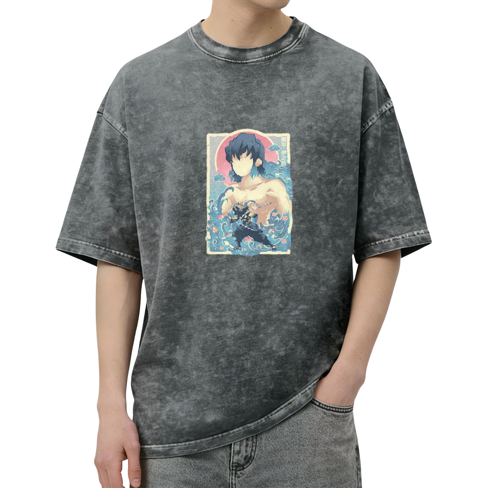 Oversized Acid Wash T-Shirt with Demon Slayer Inosuke Anime Graphic