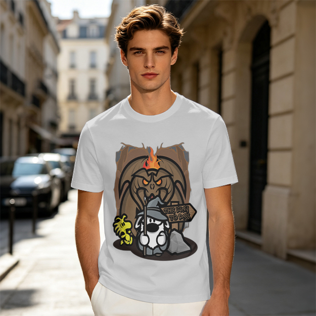Olive t-shirt with wizard dog and dragon cave graphic