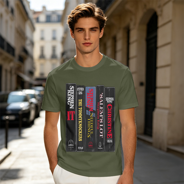 Olive Green T-Shirt with Stephen King Horror Novel Spines Print