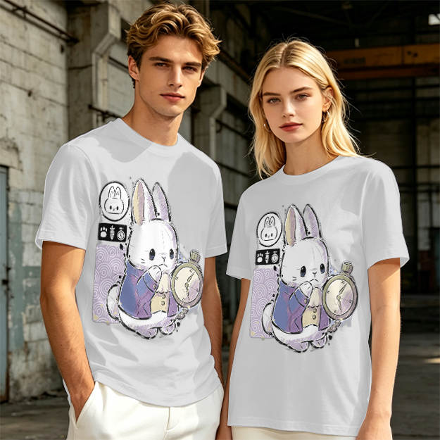 Olive T-Shirt With White Rabbit Holding Pocket Watch Print