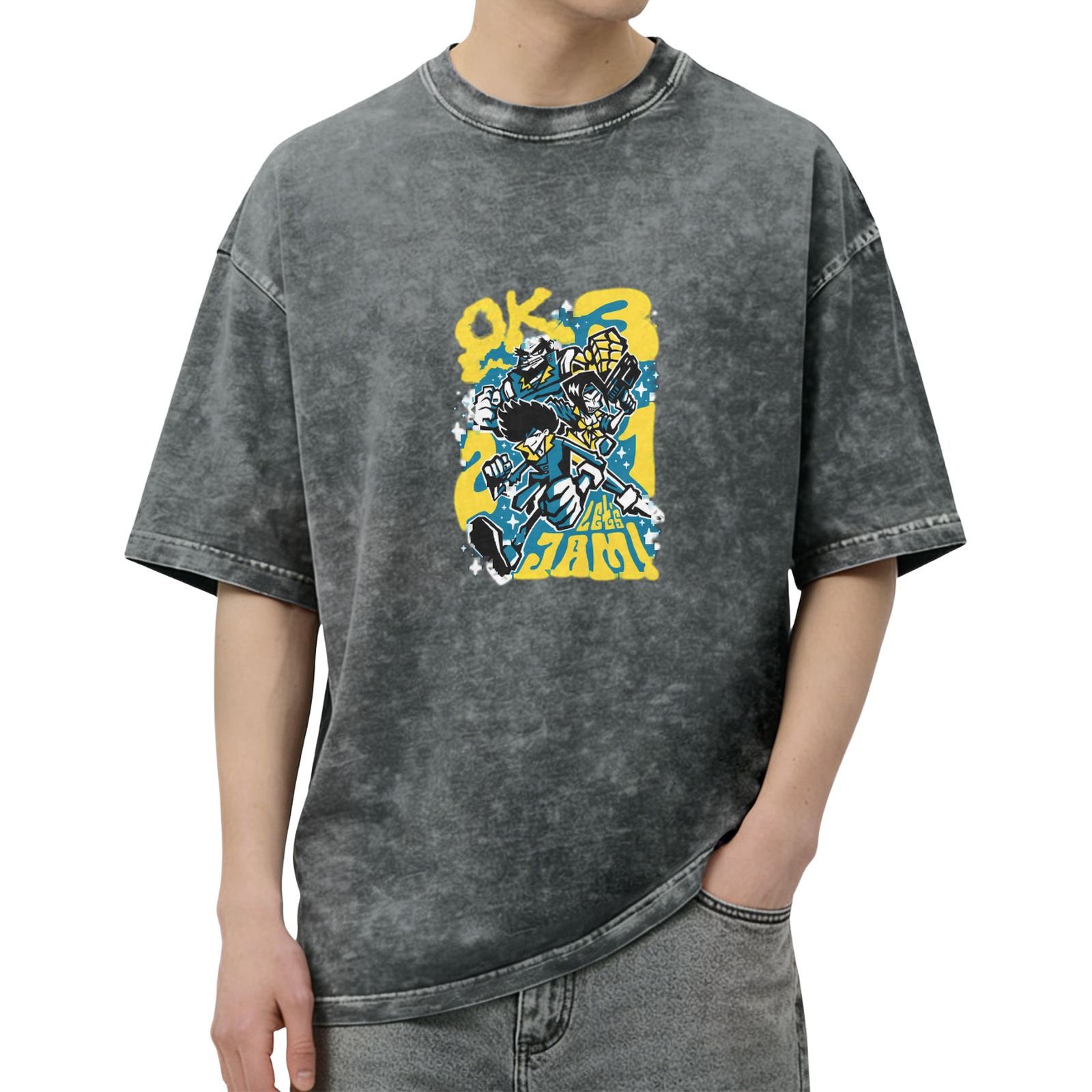 Distressed washed black loose short-sleeved T-shirt with cartoon animation style pattern and the words 