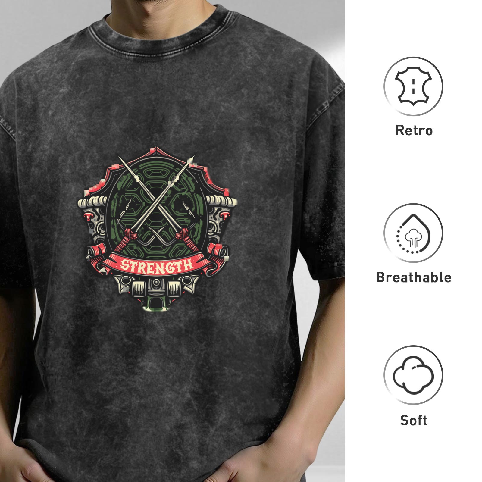Washed Black Graphic T-Shirt With Strength Crest Design
