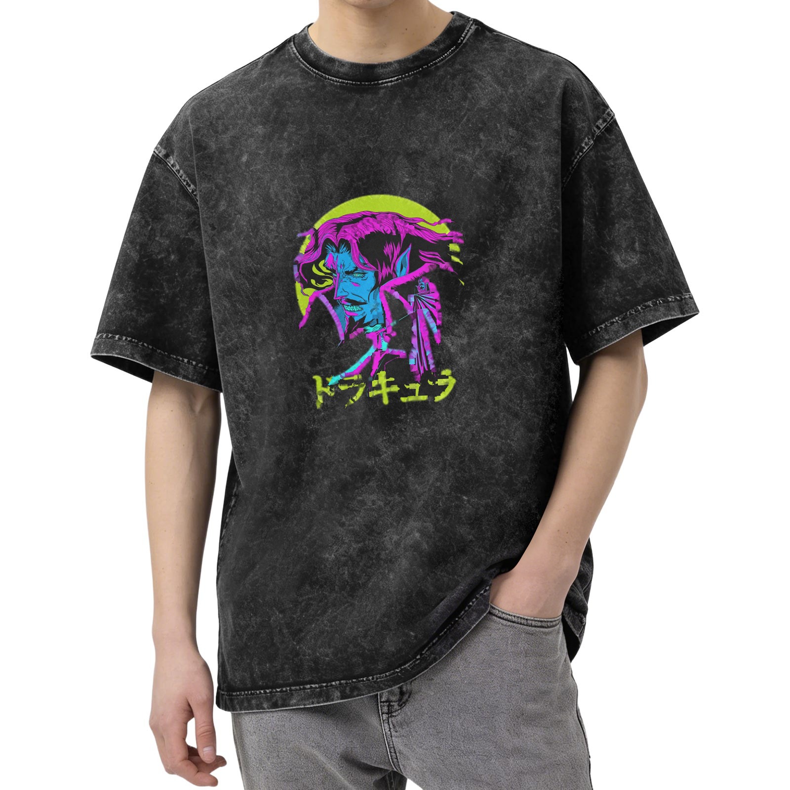 Distressed washed black loose short-sleeved T-shirt anime vampire Dracula neon style print Japanese Japanese design trendy brand top