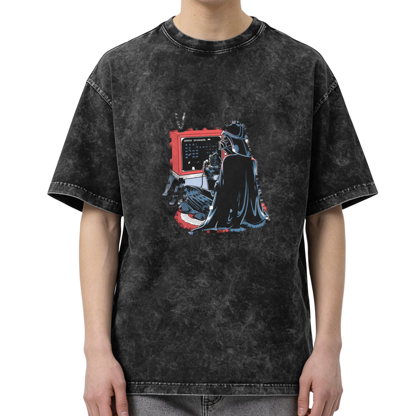 Vintage Washed Black T-Shirt with Darth Vader Retro Computer Graphic Print