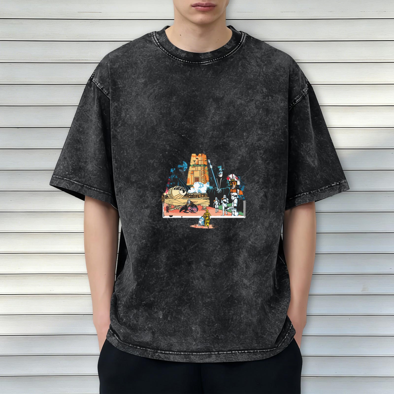Distressed black Star Wars themed printed short-sleeved T-shirt