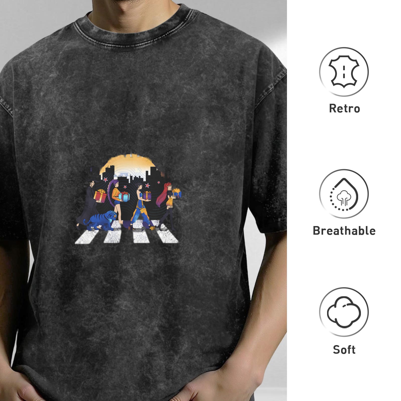 Washed black graphic t-shirt with crosswalk characters holding gifts