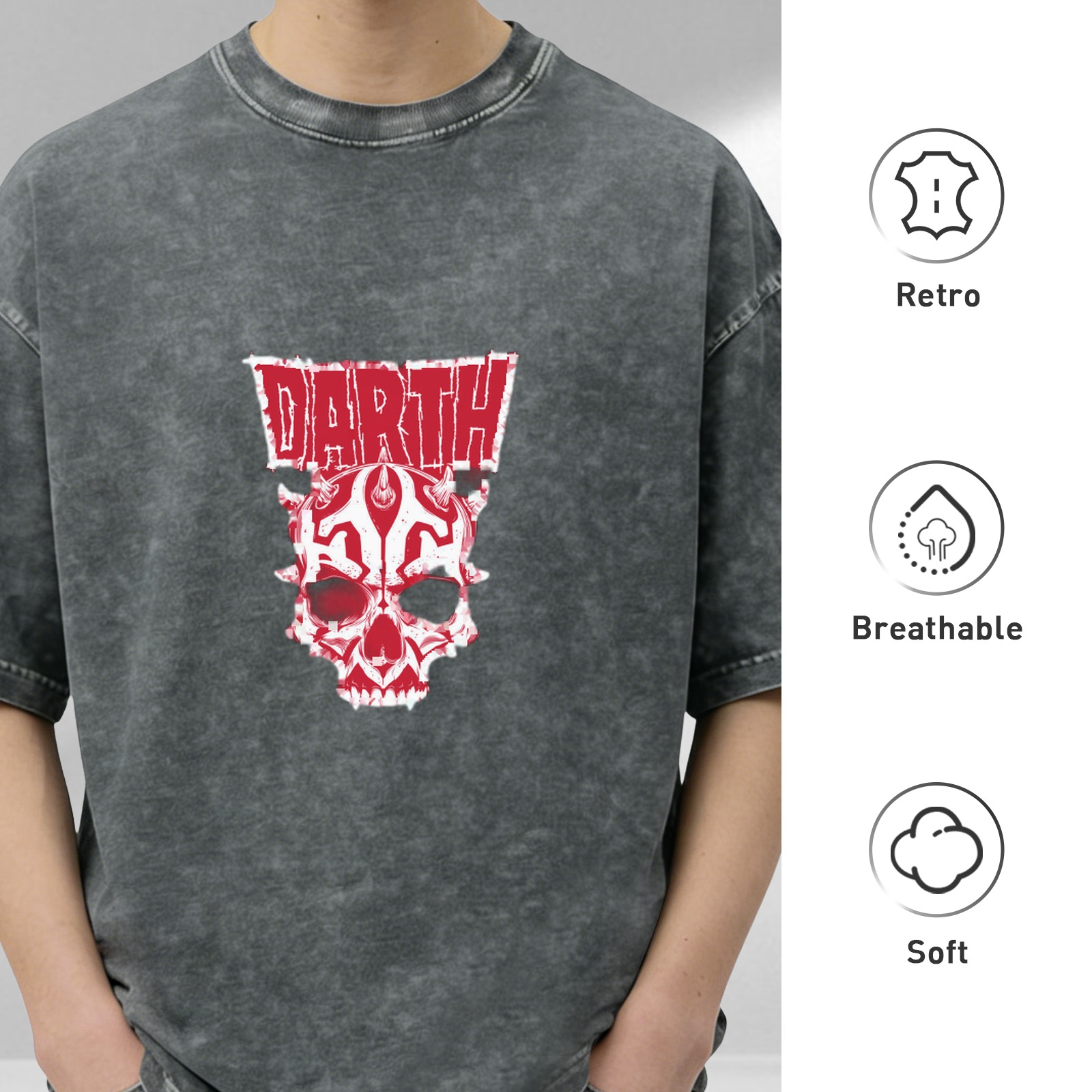 Darth Maul Skull Graphic Black Acid Wash T-Shirt