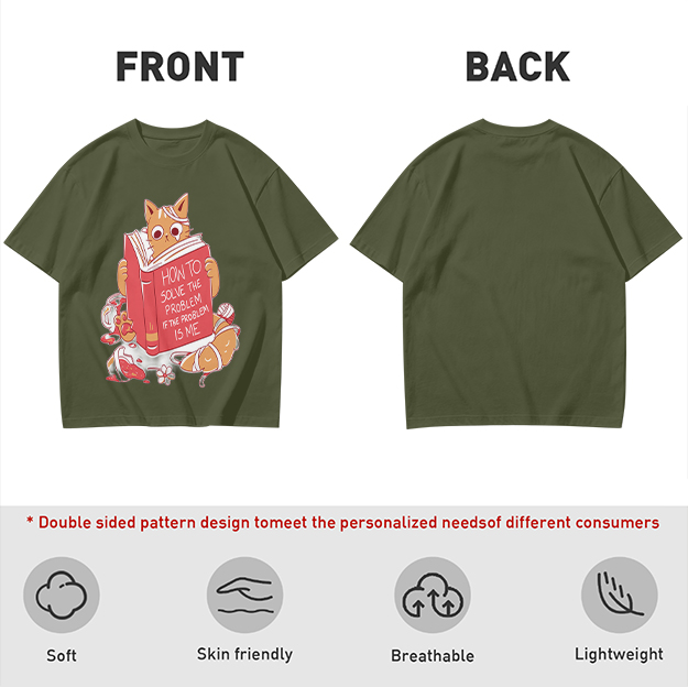 Olive T-Shirt With Ginger Cat Reading Self-Help Book Print