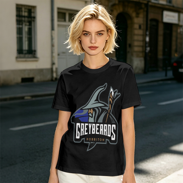 Olive t-shirt with Greybeards Hobbiton wizard graphic