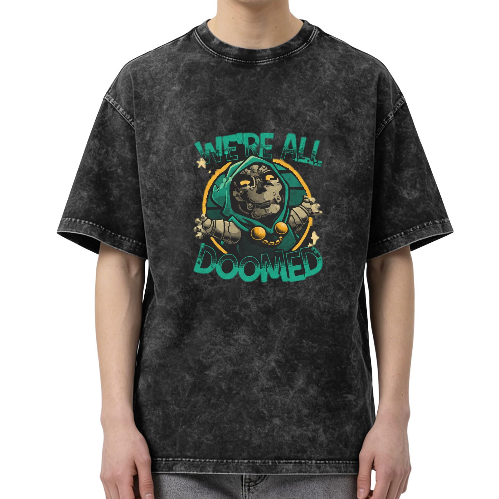 Retro washed black loose short-sleeved T-shirt Marvel Doctor Doom themed print 'WE'RE ALL DOOMED' graphic top