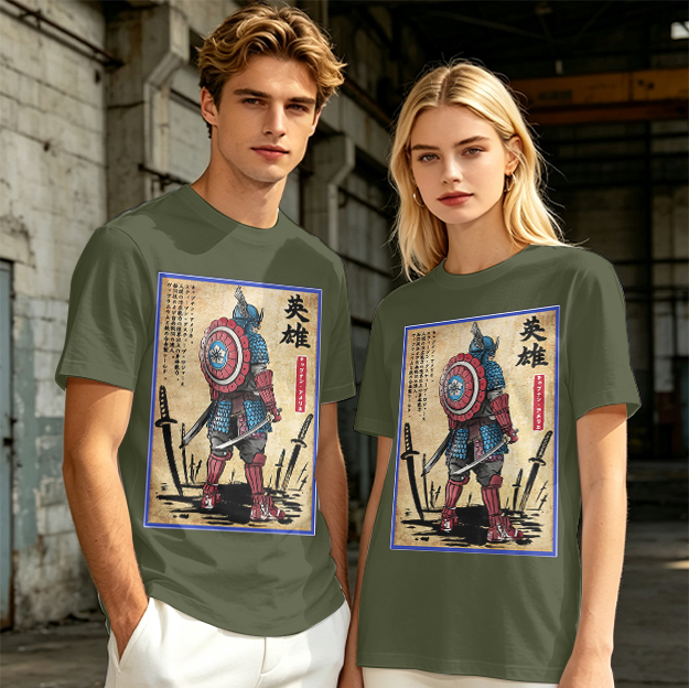 Olive T-shirt with Samurai Captain America Hero Art Print