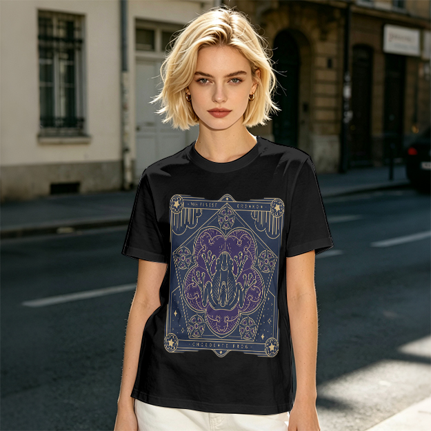 Olive T-Shirt with Mystical Frog Tarot-Style Graphic Print