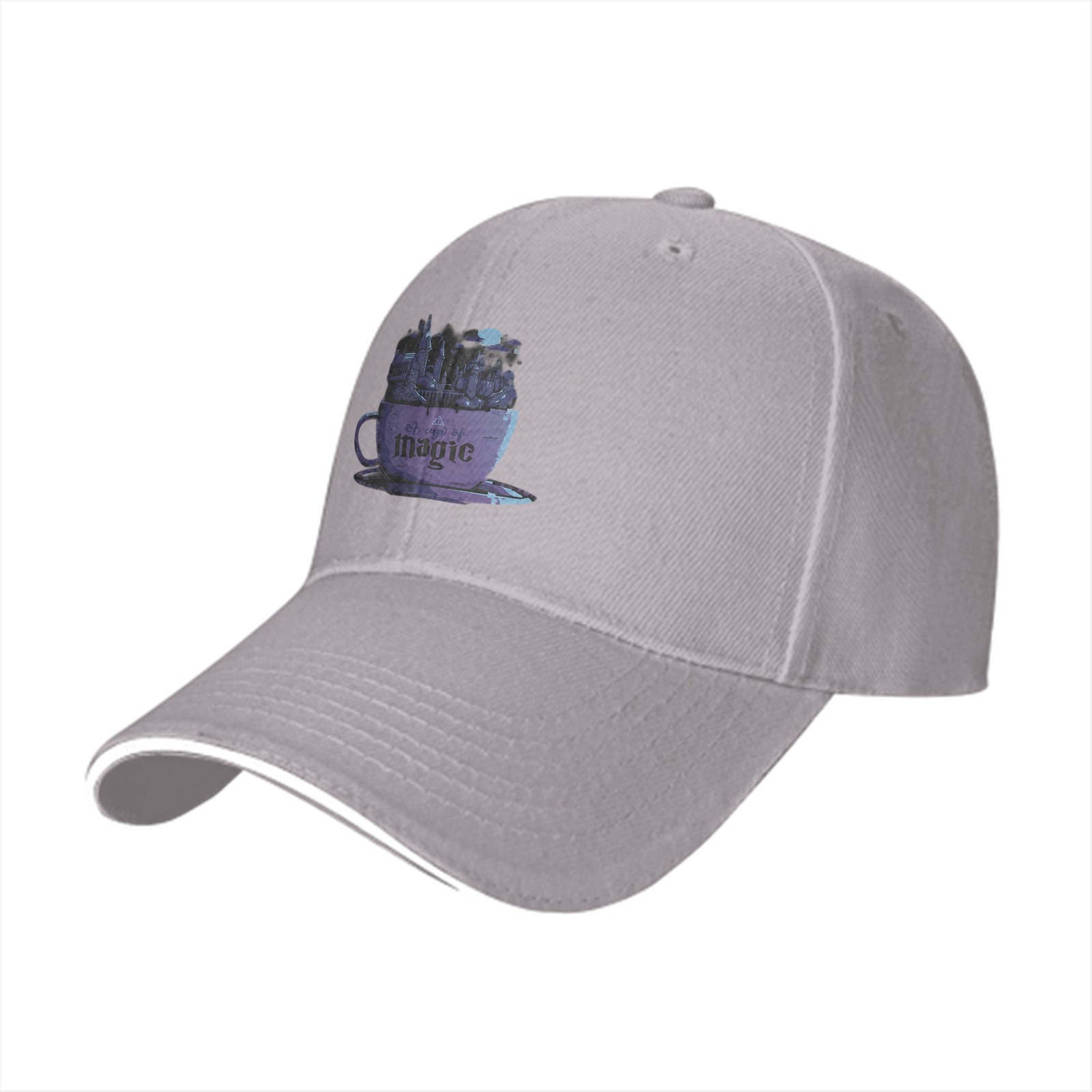 Black baseball cap with purple teacup magic graphic print