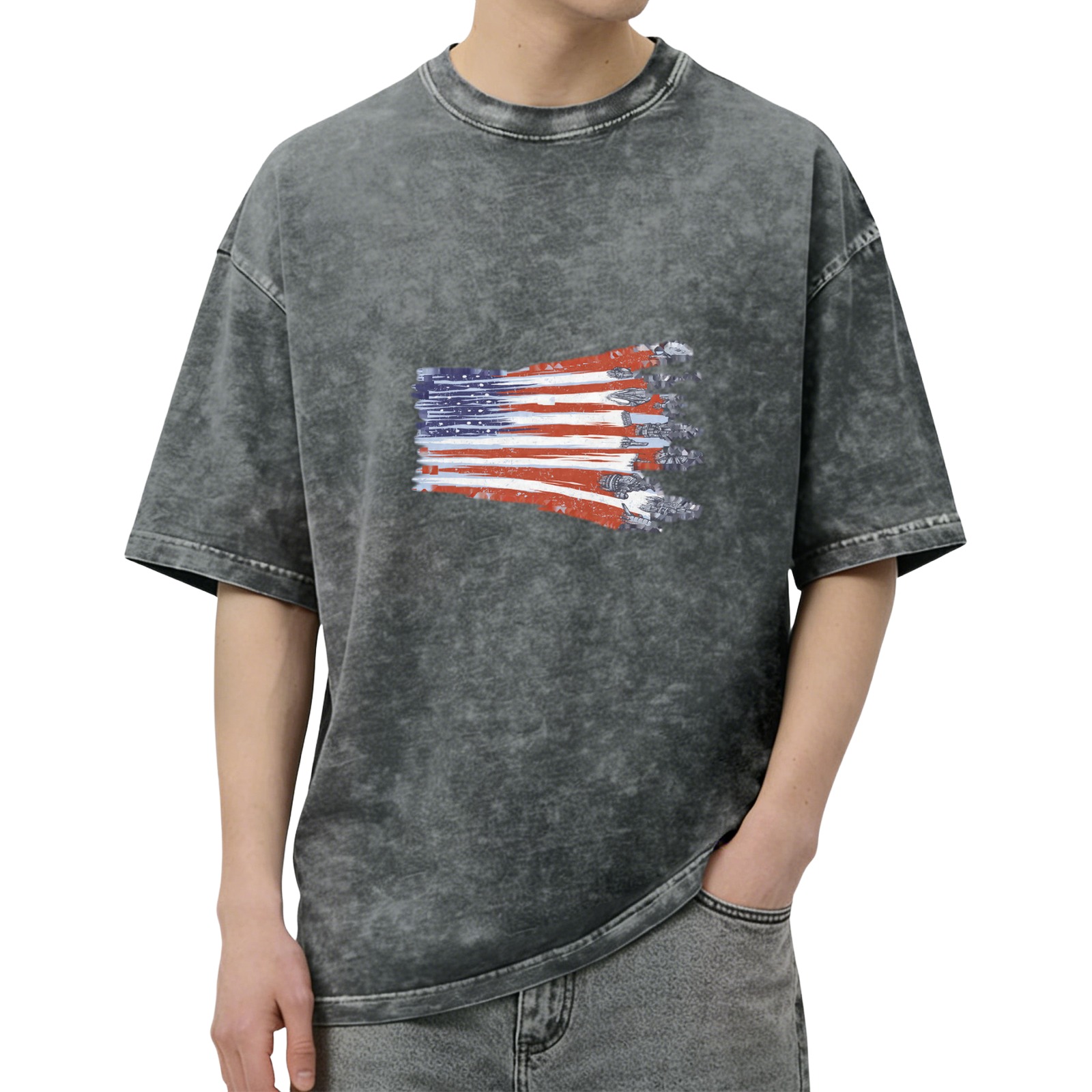Distressed washed black American flag printed loose short-sleeved T-shirt
